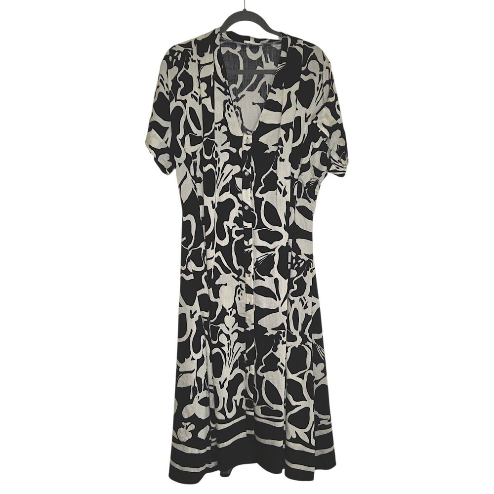 Rubienn Medium Black and White Abstract Flower Print Shirt Dress Retro Style